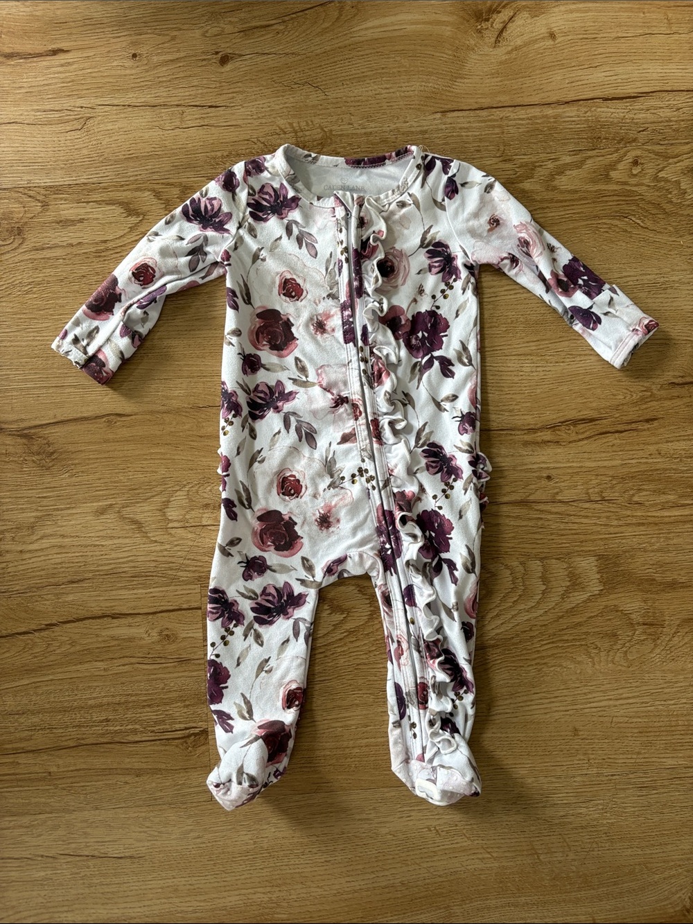 Caden Lane Floral Ruffle Zip-Front Baby One-Piece - White with Plum Rose Print